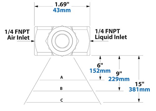 Dimensions - 1/4 FNPT Internal Mix Deflected Flat Fan Pattern Atomizing Nozzle