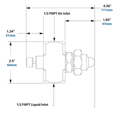 Dimensions - 1/2 FNPT Internal Mix Flat Fan Pattern Atomizing Nozzle