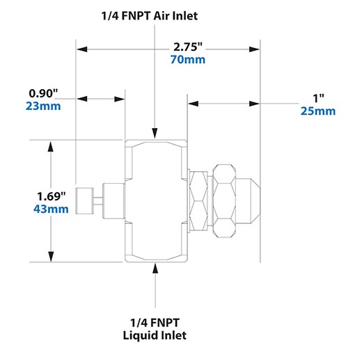 Dimensions - 1/4 FNPT Internal Mix Narrow Angle Round Pattern Atomizing Nozzle