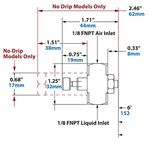 Dimensions - 1/8 FNPT Internal Mix Narrow Angle Round Pattern Atomizing Nozzle