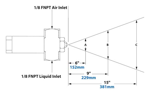 Spray Dimensions - 1/8 FNPT No Drip Internal Mix Wide Angle Round Pattern Atomizing Nozzle