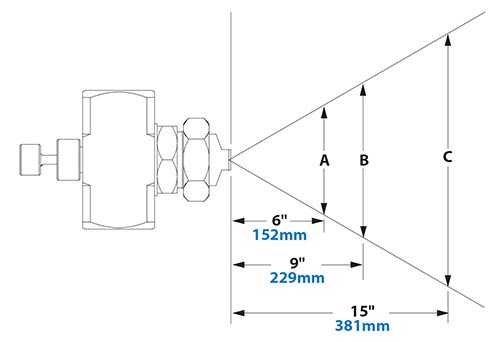 Spray Dimensions - 1/4 FNPT External Mix Narrow Angle Flat Fan Pattern Atomizing Nozzle