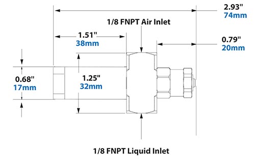 Dimensions - 1/8 FNPT No Drip External Mix Narrow Angle Flat Fan Pattern Atomizing Nozzle