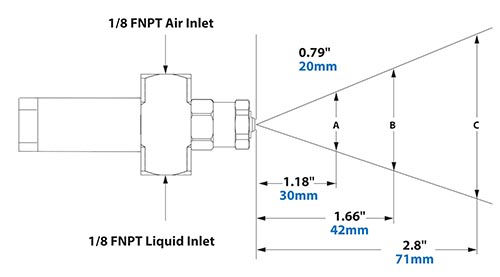Spray Dimensions - 1/8 FNPT No Drip External Mix Narrow Angle Flat Fan Pattern Atomizing Nozzle 