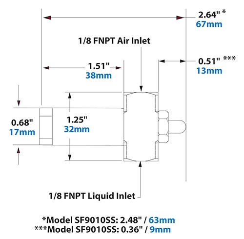 Dimensions - 1/8 FNPT Siphon Fed Flat Fan Pattern Atomizing Nozzle 