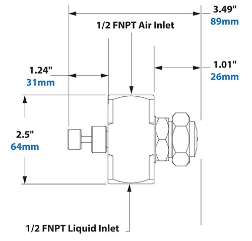 Dimensions - 1/2 FNPT Siphon Fed Round Pattern Atomizing Nozzle 