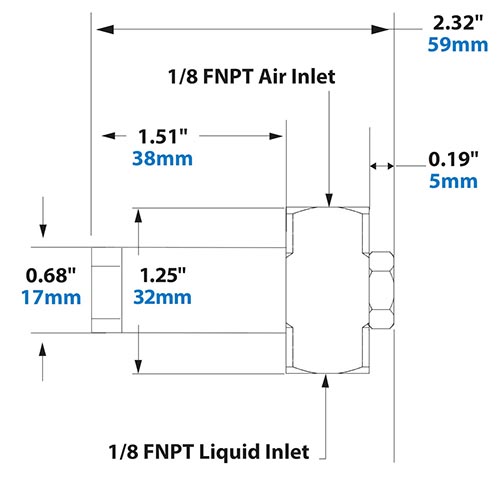 Dimensions - 1/8 FNPT Siphon Fed Round Pattern Atomizing Nozzle 