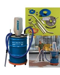 The Model 6197 Heavy Duty Dry Vac System includes 10' (3m) static resistant hose, 20' (6.1m) compressed air hose, filter bag, aluminum chip wand, shutoff valve and gauge.