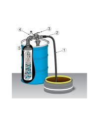 The vacuum hose (1) is attached to the barbed connection of the Chip Trapper (2). The directional flow control valve on top of the drum (3) and knob on the pump (4) are set to the fill position. A reusable filter bag (5) is included to filter out unwanted