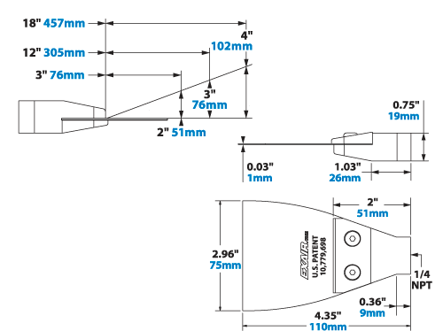 EXAIR 2 Inch Flat Super Air Nozzle Dimensions and Airflow