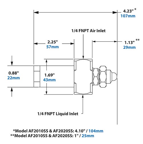 Dimensions - 1/4 FNPT No Drip Internal Mix Flat Fan Pattern Atomizing Nozzle