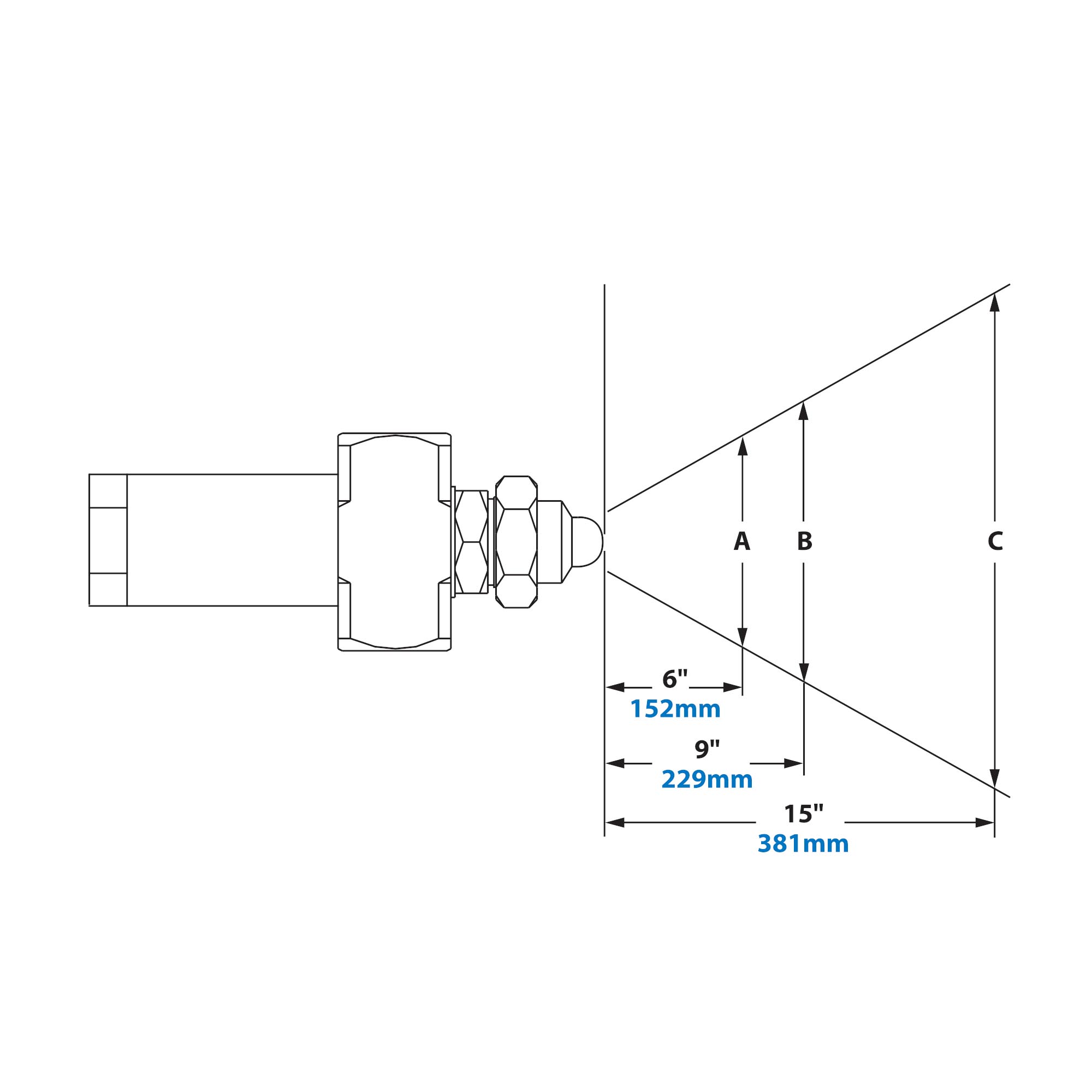 Dimensions - 1/4 FNPT No Drip Internal Mix Flat Fan Pattern Atomizing Nozzle 