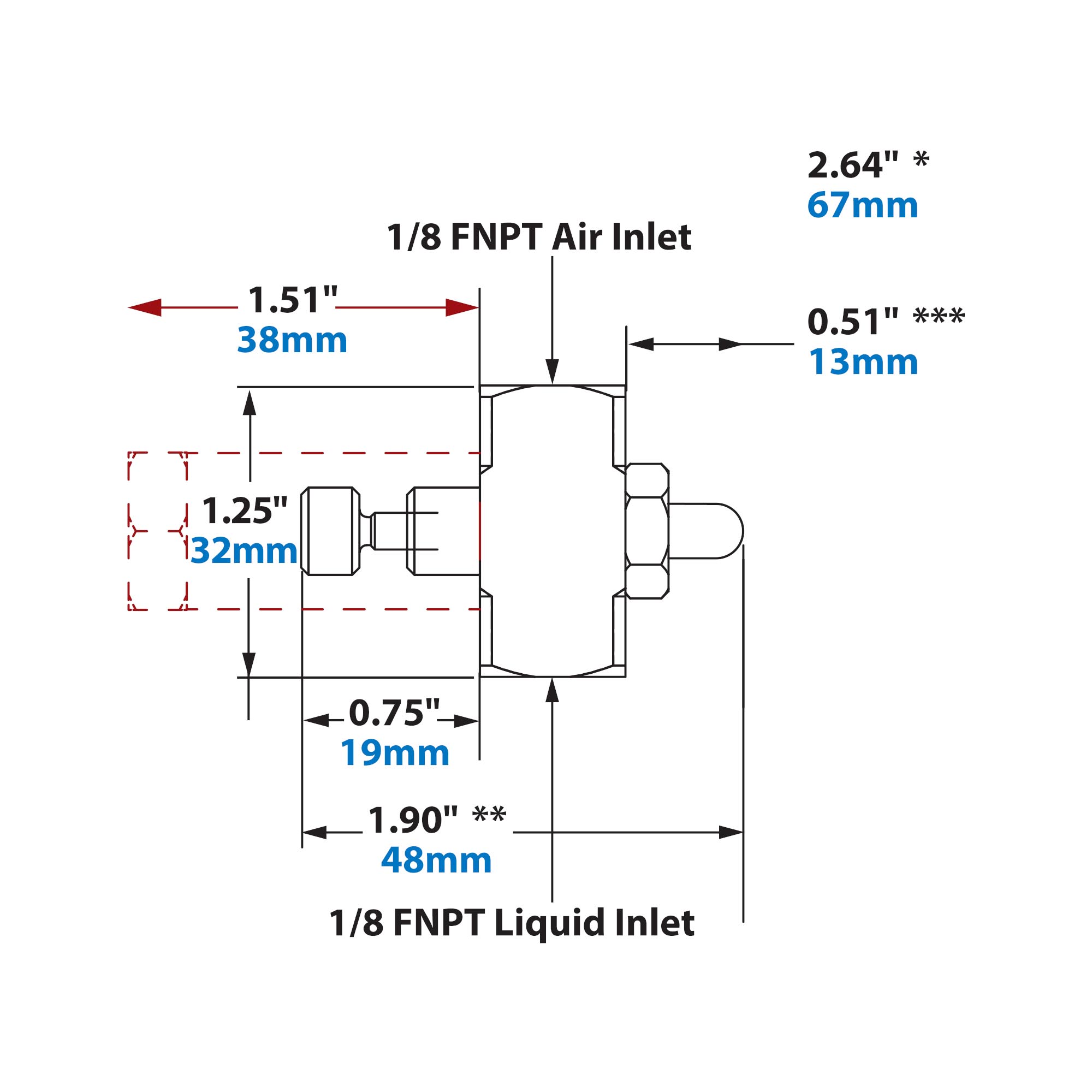 Dimensions - 1/8 FNPT Internal Mix Flat Fan Pattern Atomizing Nozzle