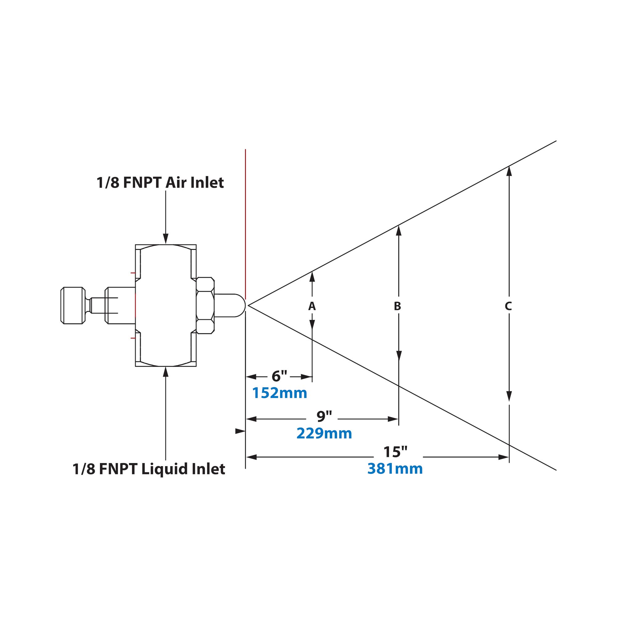 Dimensions - 1/8 FNPT Internal Mix Flat Fan Pattern Atomizing Nozzle 