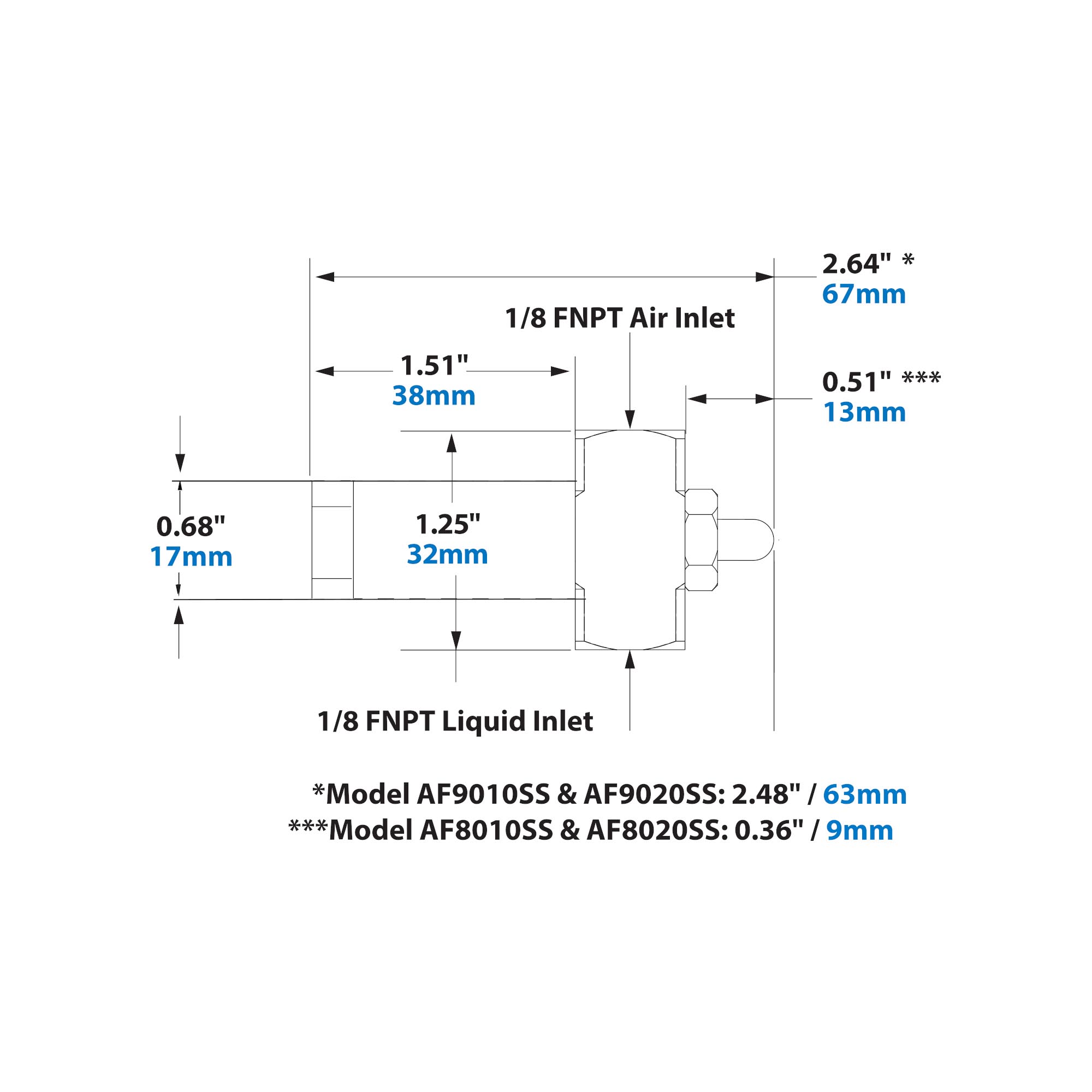 Dimensions - 1/8 FNPT No Drip Internal Mix Flat Fan Pattern Atomizing Nozzle