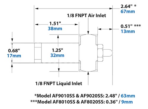Dimensions - 1/8 FNPT No Drip Internal Mix Flat Fan Pattern Atomizing Nozzle