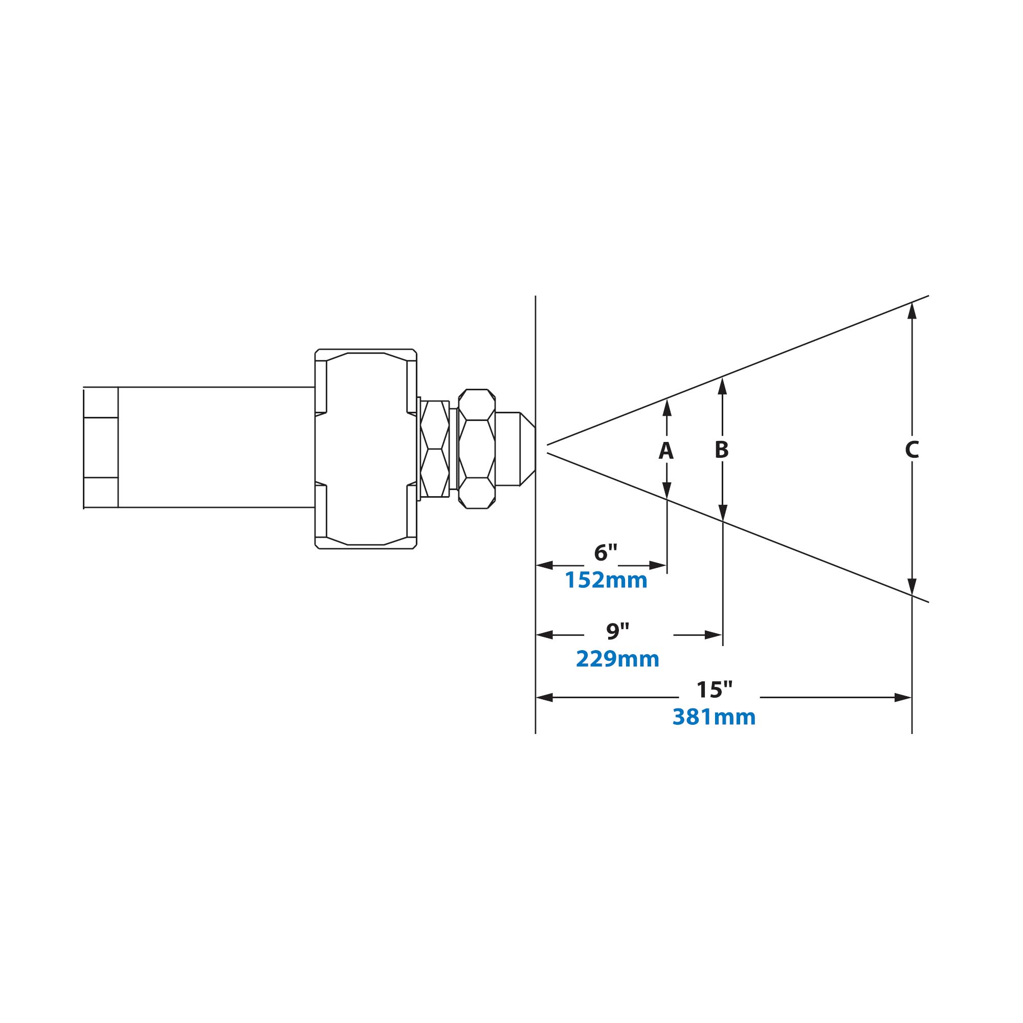 Dimensions - 1/4 FNPT No Drip Internal Mix Narrow Angle Round Pattern Atomizing Nozzle 