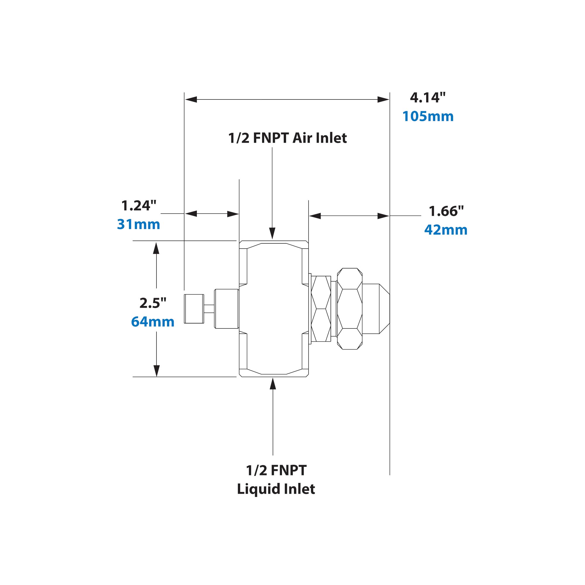 Dimensions - 1/2 FNPT Internal Mix Narrow Angle Round Pattern Atomizing Nozzle 