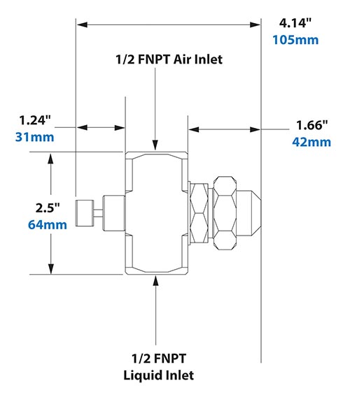 Dimensions - 1/2 FNPT Internal Mix Narrow Angle Round Pattern Atomizing Nozzle