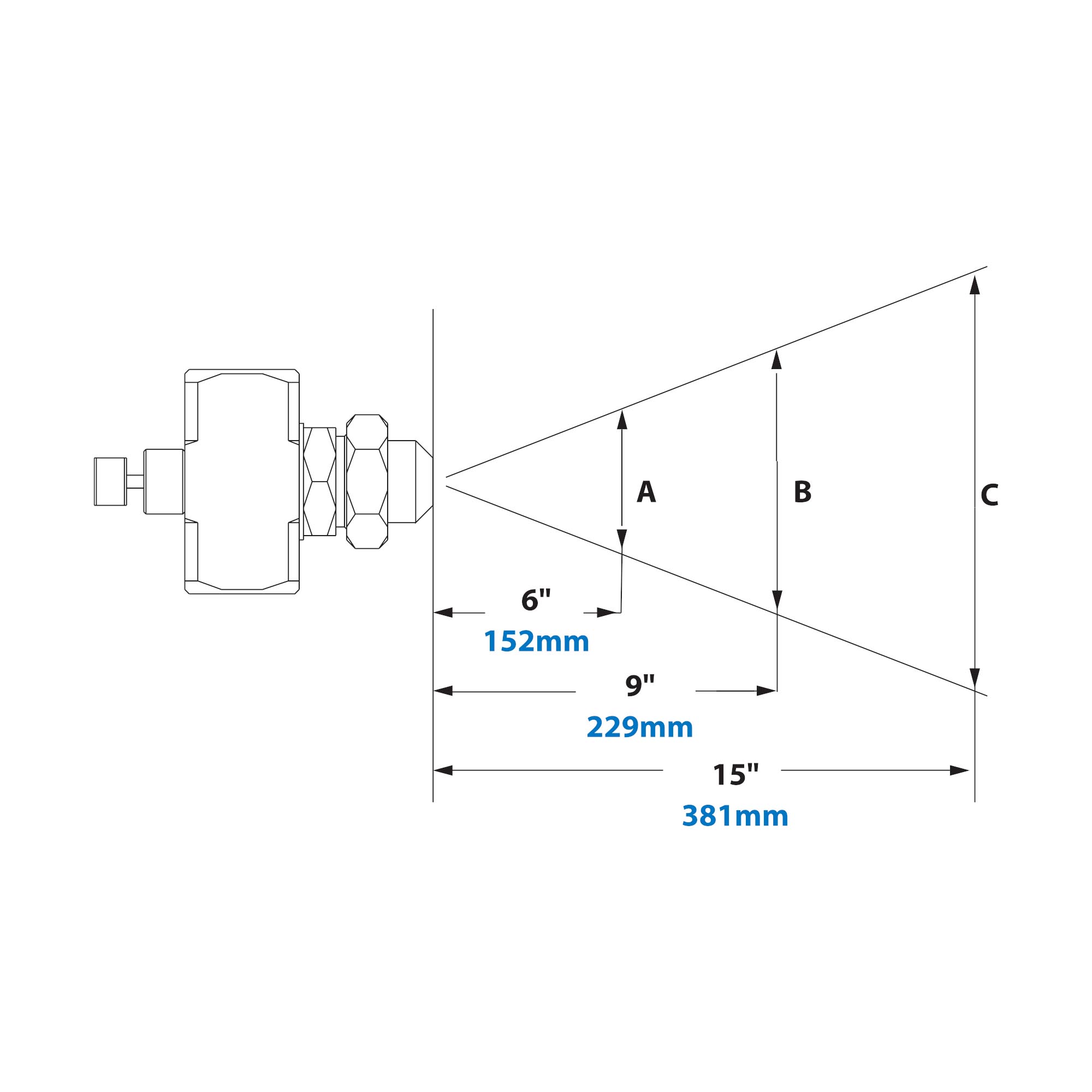 Dimensions - 1/2 FNPT Internal Mix Flat Fan Pattern Atomizing Nozzle 