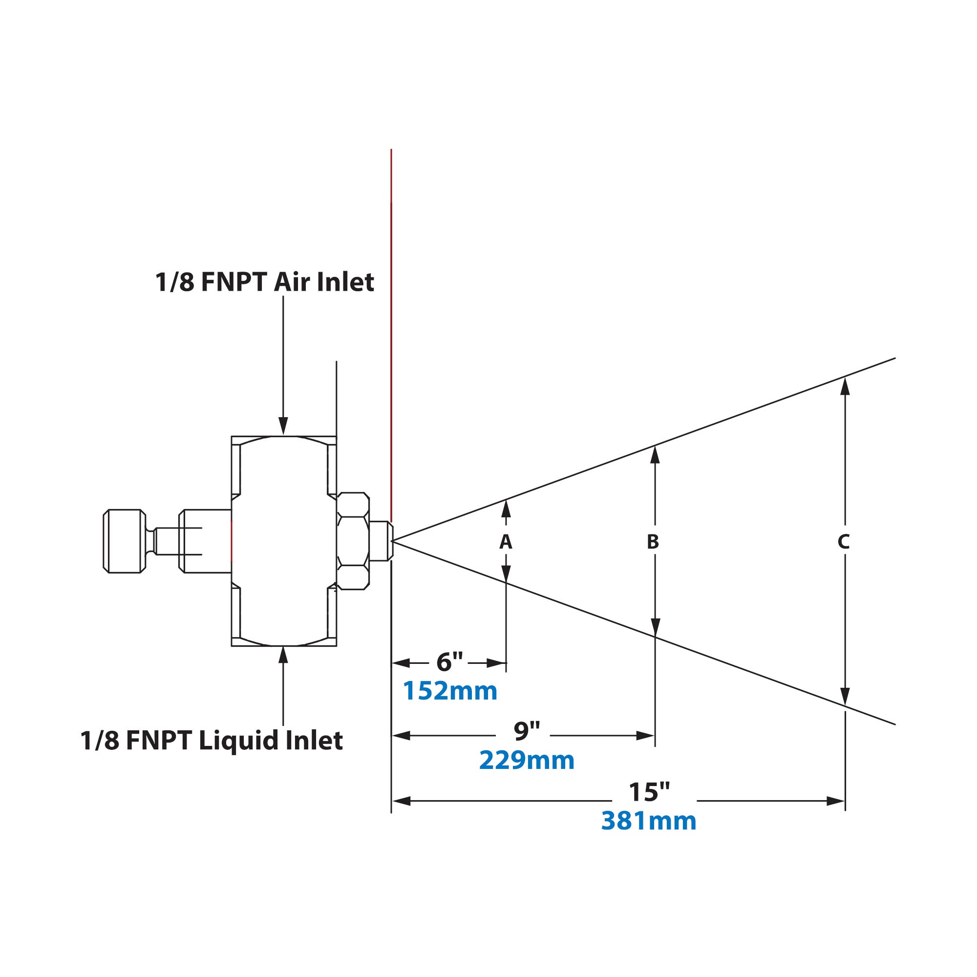 Dimensions - 1/8 FNPT Internal Mix Narrow Angle Round Pattern Atomizing Nozzle 