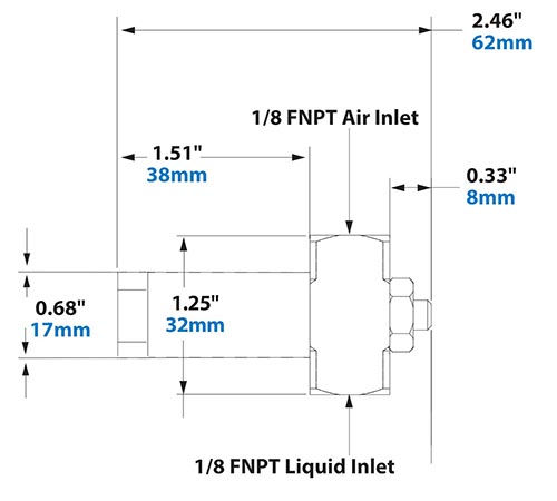 Dimensions - 1/8 FNPT Internal Mix No Drip Narrow Angle Round Pattern Atomizing Nozzle