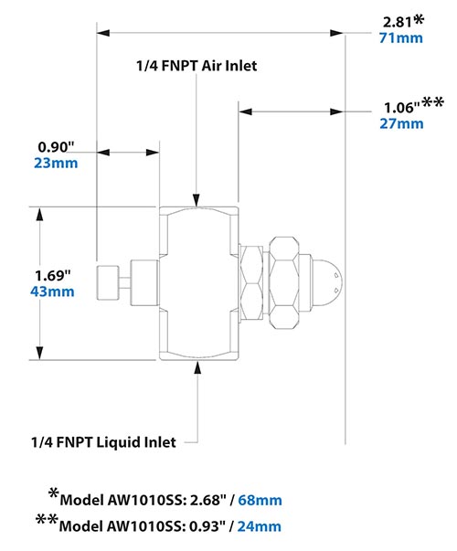 Dimensions - 1/4 FNPT Internal Mix Wide Angle Round Pattern Atomizing Nozzle