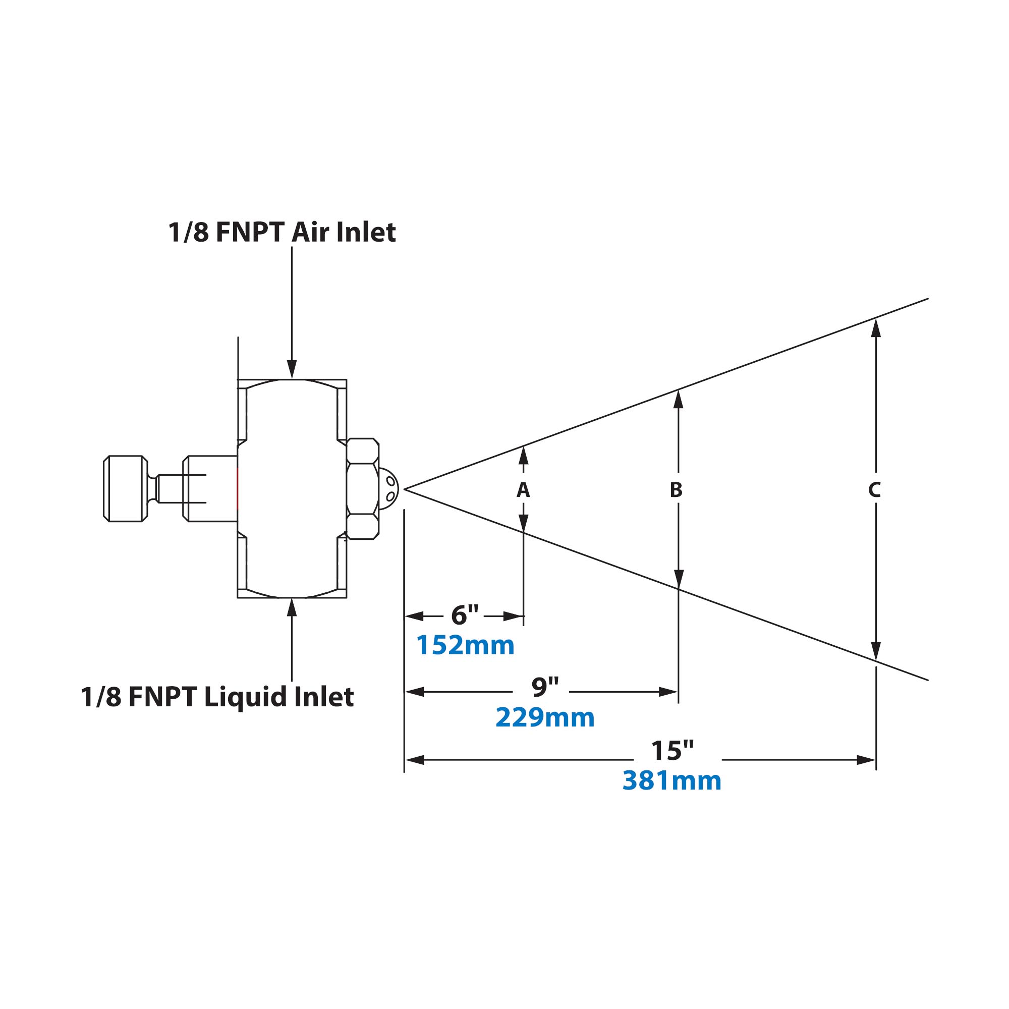 Spray Dimensions - 1/8 FNPT Internal Mix Wide Angle Round Pattern Atomizing Nozzle 
