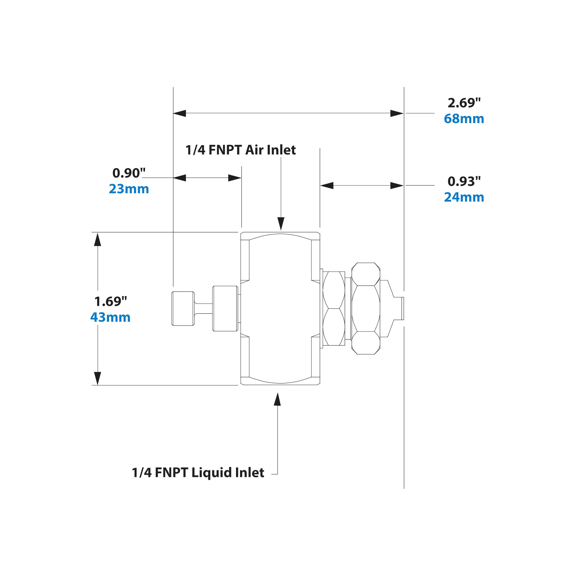 Dimensions - 1/4 FNPT External Mix Narrow Angle Flat Fan Pattern Atomizing Nozzle 