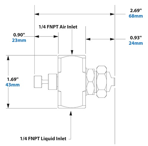 Dimensions - 1/4 FNPT External Mix Narrow Angle Flat Fan Pattern Atomizing Nozzle