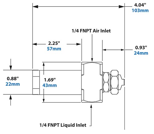 Dimensions - 1/4 FNPT No Drip External Mix Narrow Angle Flat Fan Pattern Atomizing Nozzle