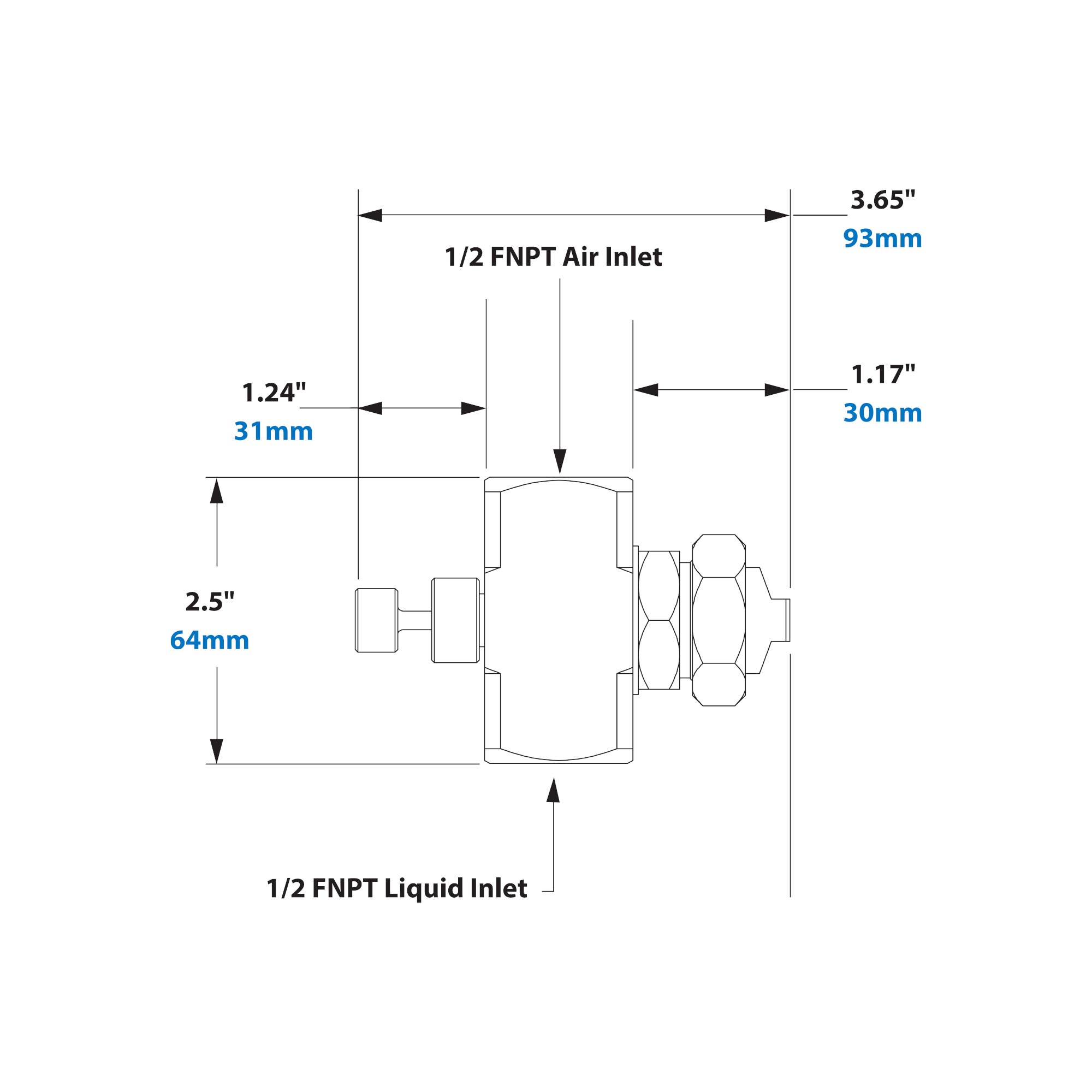 Dimensions - 1/2 FNPT External Mix Narrow Angle Flat Fan Pattern Atomizing Nozzle