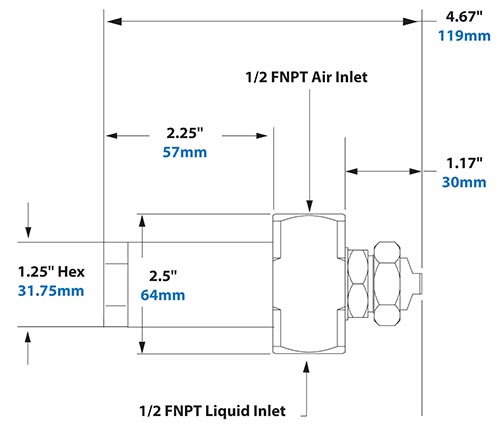 Dimensions - 1/2 FNPT No Drip External Mix Narrow Angle Flat Fan Pattern Atomizing Nozzle