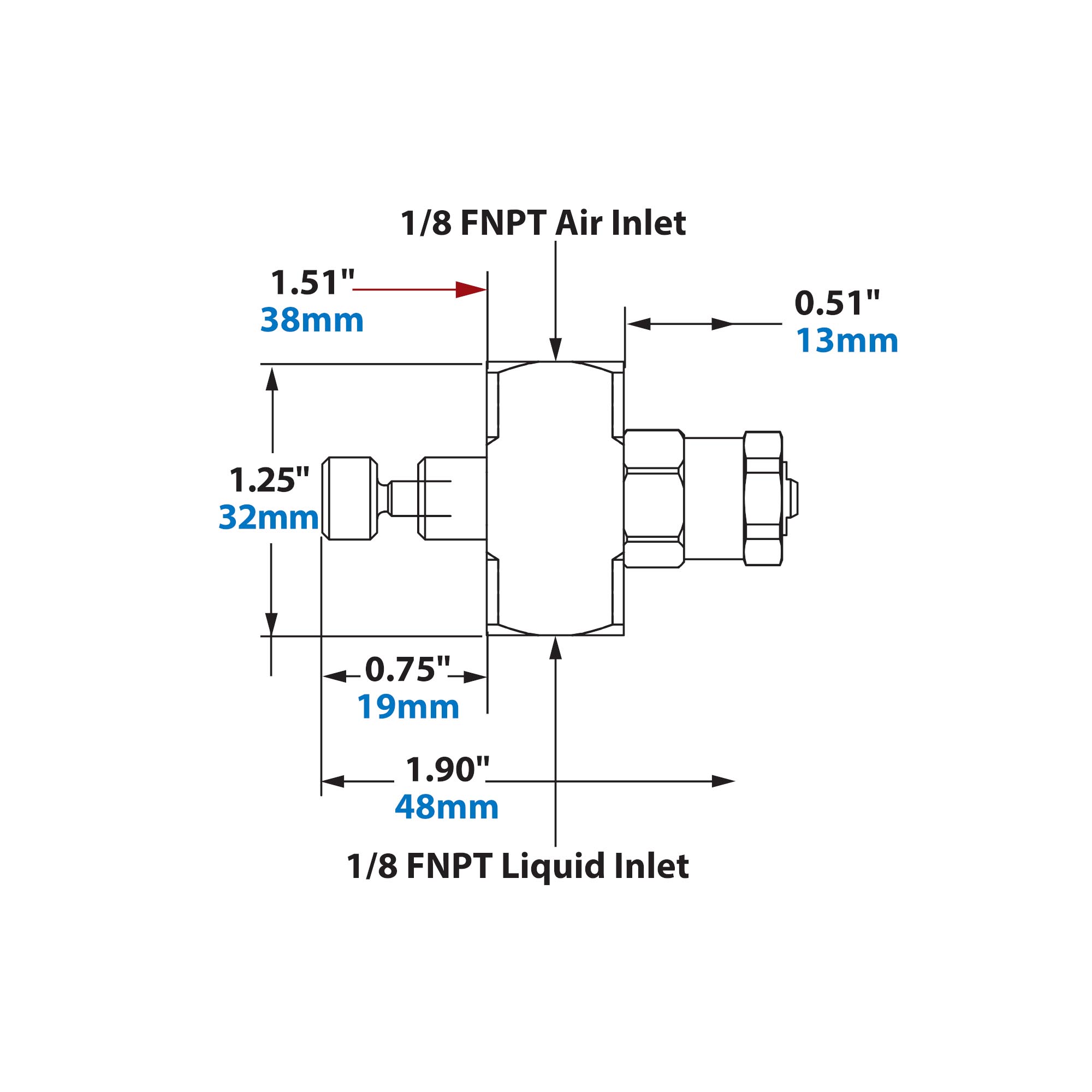 Dimensions - 1/8 FNPT External Mix Narrow Angle Flat Fan Pattern Atomizing Nozzle 