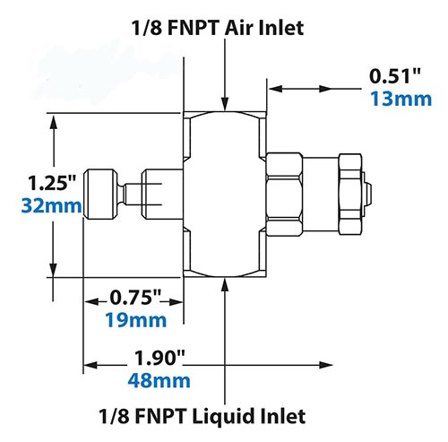 Dimensions - 1/8 FNPT External Mix Narrow Angle Flat Fan Pattern Atomizing Nozzle