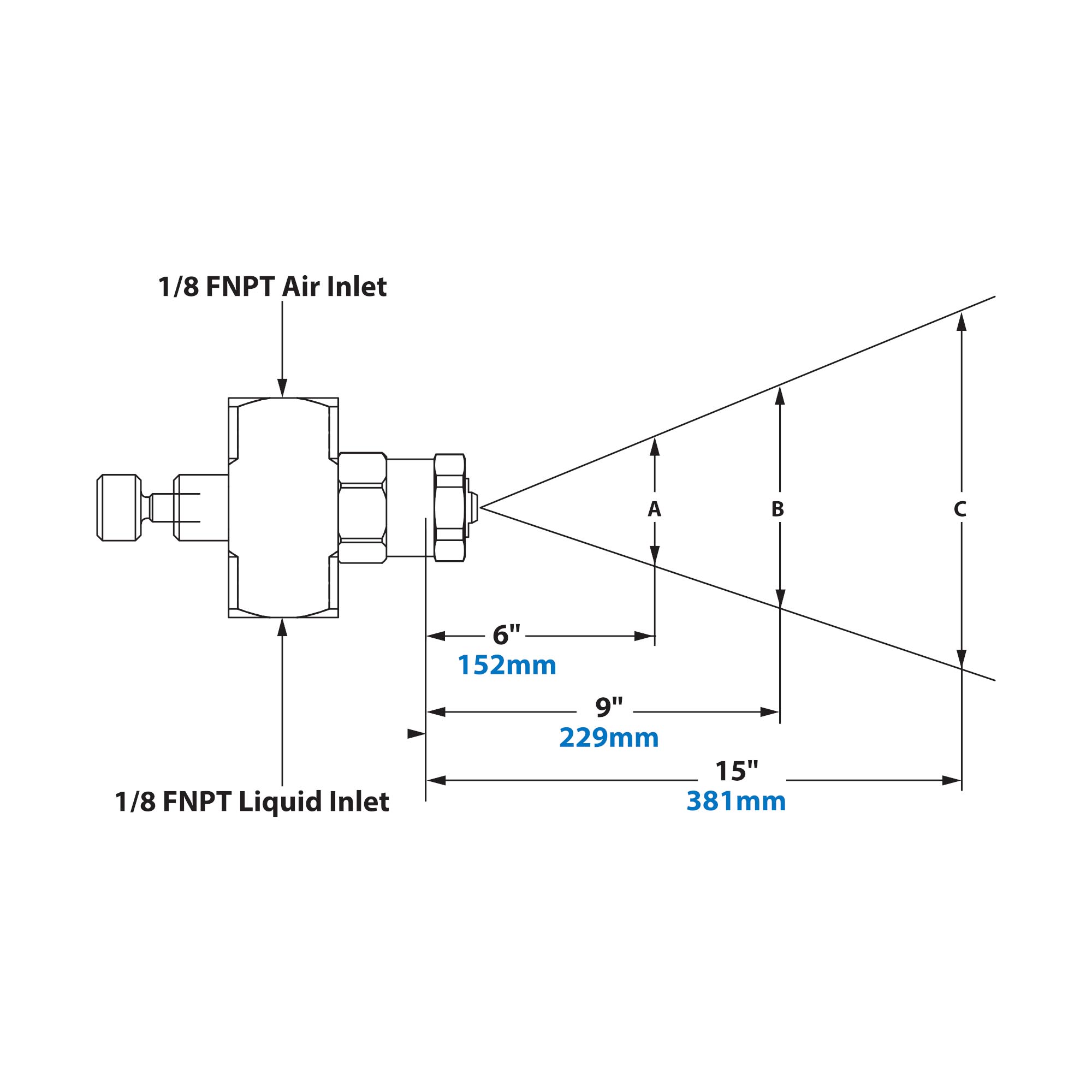 Spray Dimensions - 1/8 FNPT External Mix Narrow Angle Flat Fan Pattern Atomizing Nozzle 