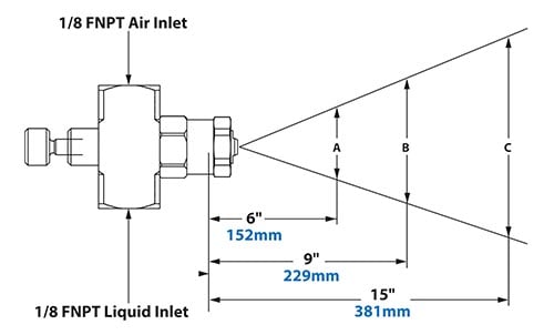 Spray Dimensions - 1/8 FNPT External Mix Narrow Angle Flat Fan Pattern Atomizing Nozzle