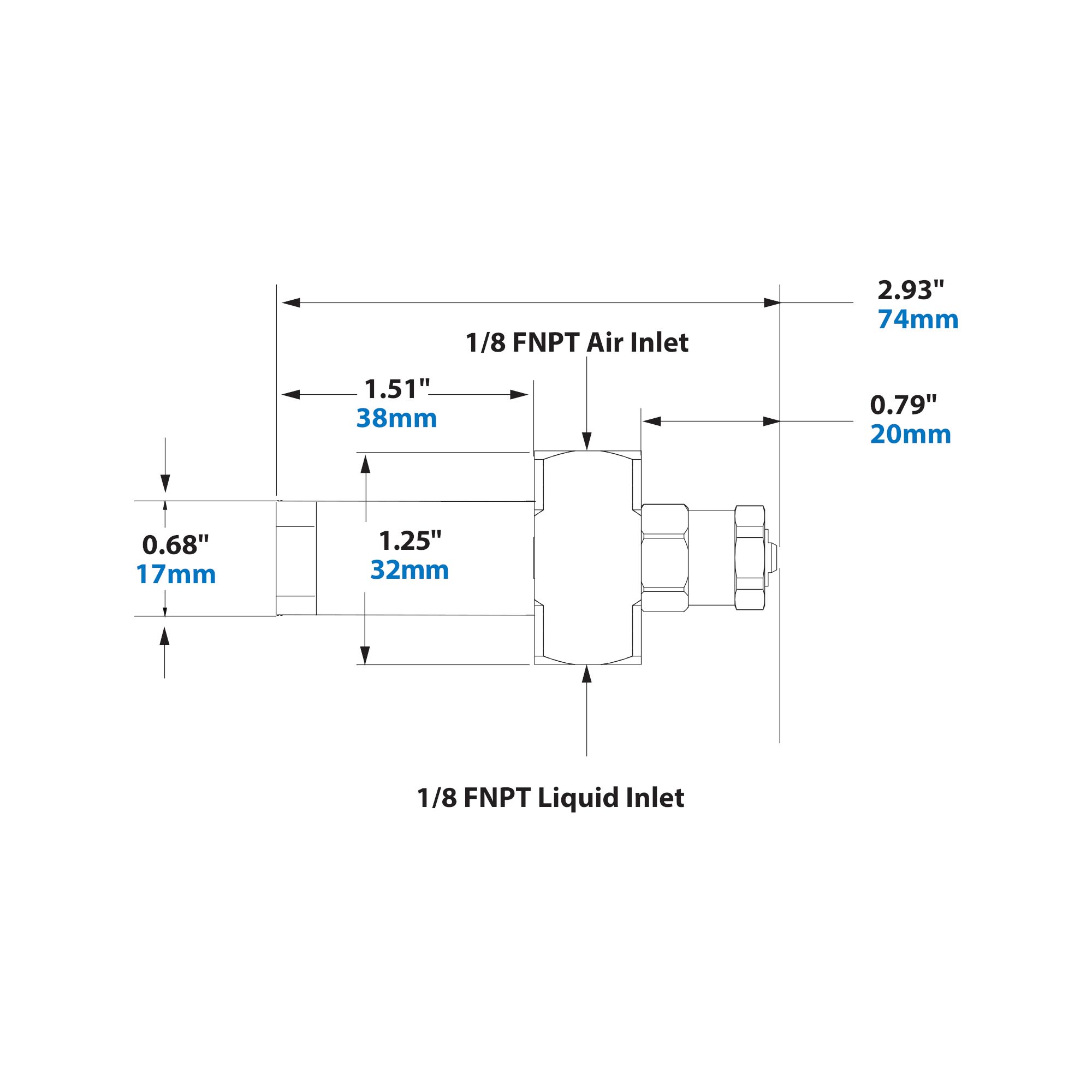 Dimensions - 1/8 FNPT No Drip External Mix Narrow Angle Flat Fan Pattern Atomizing Nozzle 