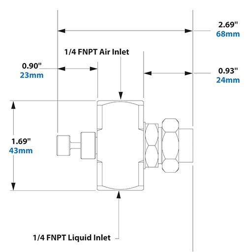 Dimensions - 1/4 FNPT External Mix Round Pattern Atomizing Nozzle