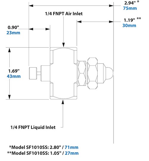 Dimensions - 1/4 FNPT Siphon Fed Flat Fan Pattern Atomizing Nozzle