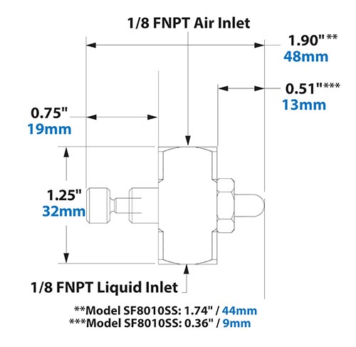Dimensions - 1/8 FNPT Siphon Fed Flat Fan Pattern Atomizing Nozzle