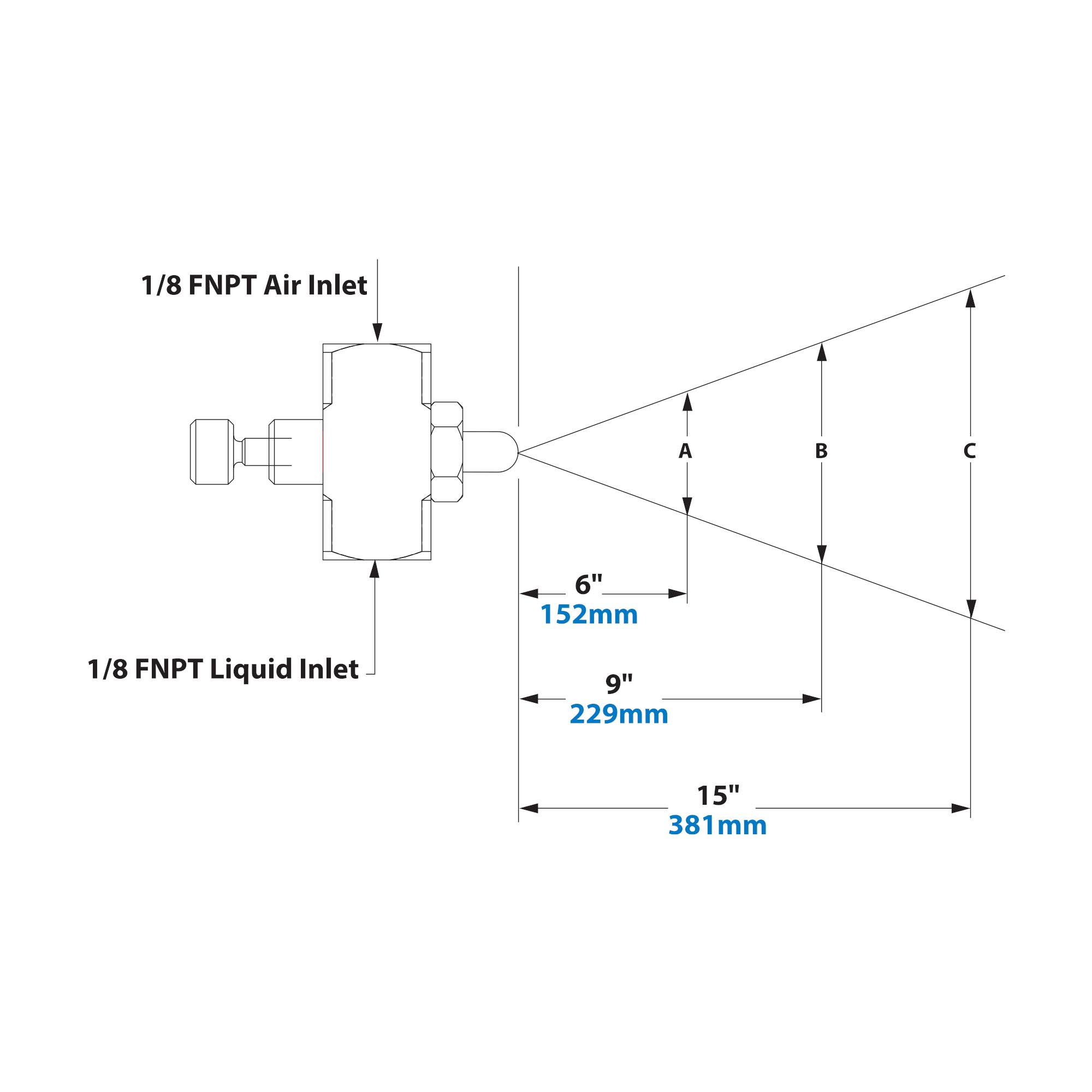 Spray Dimensions - 1/4 FNPT Siphon Fed Flat Fan Pattern Atomizing Nozzle
