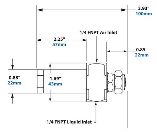 Dimensions - 1/4 FNPT No Drip Siphon Fed Round Pattern Atomizing Nozzle 