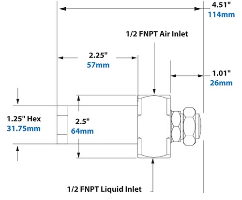 Dimensions - 1/2 FNPT No Drip Siphon Fed Round Pattern Atomizing Nozzle 