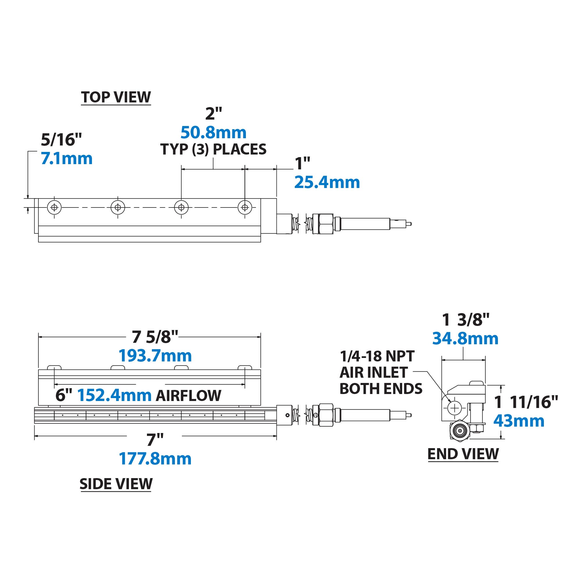 EXAIR Gen4 Standard Ion Air Knife Dimensions